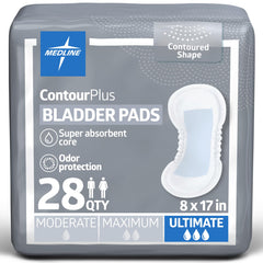 Medline ContourPlus Bladder Control Pad for Incontinence; Ultimate Absorbency; Size 8 x 17; Bag of 28, 17 inches
