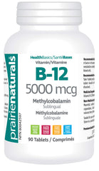 Prairie Naturals Sublingual B12 Methylcobalamin 5000mcg helps the body to metabolize proteins, forms red blood cells, and prevents Vitamin B12 deficiency - 90 Count
