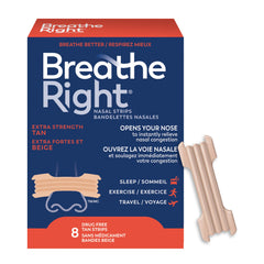 Breathe Right Nasal Strips, Extra Strength, Tan, Drug-Free Snoring Solution & Nasal Congestion Relief Caused by Colds & Allergies, Nightly Sleep, 8 Count