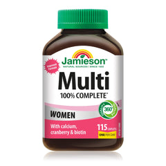 Jamieson 100% Complete Multivitamin for Women, with Cranberry, Biotin and Calcium, Supports Energy, Immunity, Everyday Health, Healthy Skin, and Bone Health, One Per Day, 115 Caplets