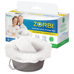 Zorbi Commode Liner Bags with Super Absorbent Pads, White, 12 Count