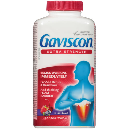 Gaviscon Extra Strength Tablets - 120 Count - Chewable Foaming Antacid Tablets for Day and Night Heartburn Relief, Acid Reflux and GERD Relief, Fruit Blend - Free of Aluminum, Lactose and Gluten