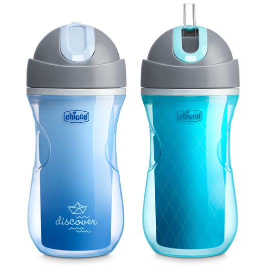 Chicco Double-Wall Insulated Flip-Top Sippy Cup with Silicone Straw and Spill-Free Lid 9oz.| Top-Rack Dishwasher Safe | Easy to Hold with Ergonomic Indents | Blue Discover/Teal, 2pk | 12+ Month
