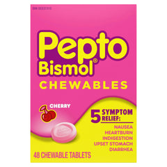 Pepto Bismol Chewables | 5 Symptom Stomach Relief | Regular Strength | Cherry Flavour | 48 Chewables | For Nausea, Heartburn, Indigestion, Upset Stomach & Diarrhea Relief