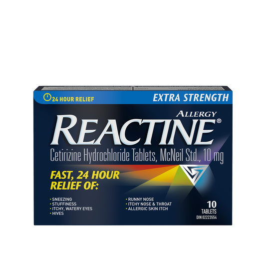 Reactine Extra Strength Antihistamine Tablets - 10mg Cetirizine Hydrochloride - 24 Hour Allergy Relief Medicine - 10 Count MADE IN CANADA