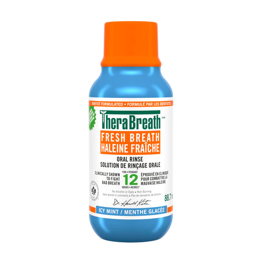 TheraBreath Fresh Breath Oral Rinse, Travel Size, Clinically Shown to Fight Bad Breath for 12 Hours. Alcohol-Free & Dye-Free Mouthwash, Certified Vegan, Halal, Kosher & Gluten-Free. Icy Mint, 88.7ml
