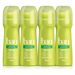 Ban Unscented Roll-on Antiperspirant Deodorant, 24-Hour Protection, Pack of 4 | Made in Canada