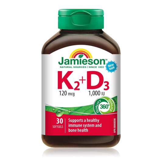Jamieson Vitamin K 120 mcg and Vitamin D3 1,000 IU Softgels, Supports Immune Health, Strong Bones and Teeth. Non-GMO, Gluten-Free, 30 Count, Proudly Canadian