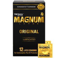 TROJAN Magnum Original Lubricated Latex Condoms, 12 Count, Silky Smooth Lubricant for Extra Comfort, Larger than Standard Size Condoms, Special Reservoir Tip for Added Safety