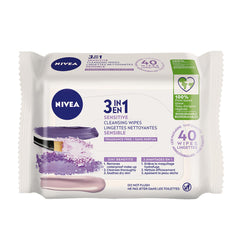 NIVEA 3-in-1 Biodegradable Face Cleansing & Makeup Removing Wipes for Sensitive Skin, 40 Wipes