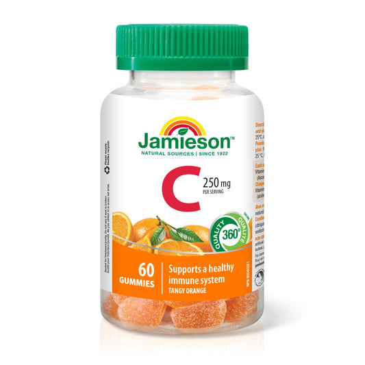 Jamieson Vitamin C 250 mg Gummies Natural Tangy Orange Flavour, Supports Immune Health, Strong Teeth and Bones. Family Friendly (3+), Vegetarian, Non-GMO, Gelatin-Free, No Artificial Flavours, Colours, or Preservatives, 60 Count, Proudly Canadian
