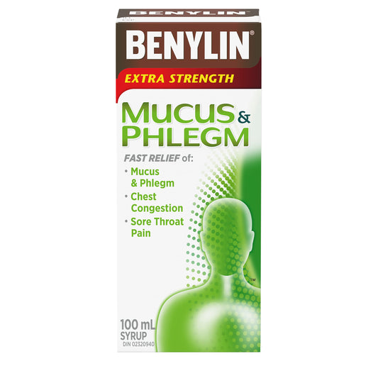 BENYLIN® Extra Strength Mucus & Phlegm Syrup Daytime, Relieves Mucus & Phlegm, Chest Congestion and Sore Throat Pain, 100mL