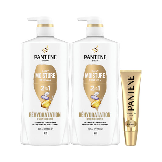 Pantene 2-in-1, 1.64 L (820 Each) Shampoo And Conditioner Twin Pack With 15 mL Hair Treatment Shot, Daily Moisture Renewal For Dry Hair, Safe For Color-Treated Hair