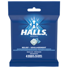 HALLS Regular Cough Drops, Throat Lozenges, Sore Throat Relief, Mentho-Lyptus, 4 Packs of 9 Lozenges