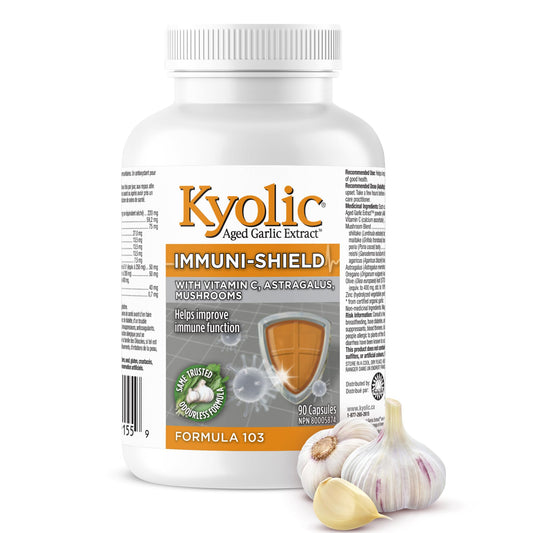 Kyolic - Formula 103 Immuni-Shield 90 Capsules - Vitamin C Ascorbic Acid, Astragalus Root Extract, Oregano Extract, Mushroom Blend Supplement & Kyolic Aged Garlic Extract Capsule-Immune System Support
