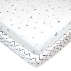 American Baby Company 2 Pack 100% Natural Cotton Fitted Pack and Play Sheets 39" x 27" - Soft & Breathable Pack N Play Sheets for Playard & Mini Crib Mattress, Grey Stars/Zigzag, for Boys & Girls