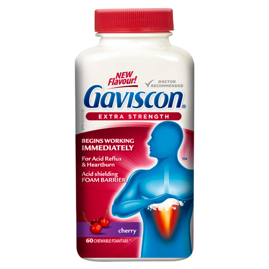 Gaviscon Extra Strength Tablets - 60 Count - Chewable Foaming Antacid Tablets for Day and Night Heartburn Relief, Acid Reflux and GERD relief, Cherry - Free of Aluminum, Lactose and Gluten