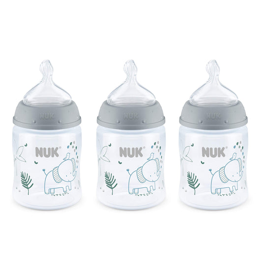 NUK Smooth Flow Anti-Colic Baby Bottle, 5 oz (150 mL), Grey Elephant, 3 Pack