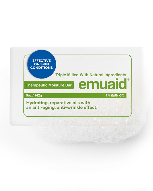 emuaid Therapeutic Moisture Bar, Cleansing Face and Body Bar Soap, Soothes and Repairs Dry, Damaged Skin with 5% Emu Oil, Tea Tree Oil, Argan Oil, Macadamia, & Jojoba, For All Skin Types, 5oz, 1 Pack