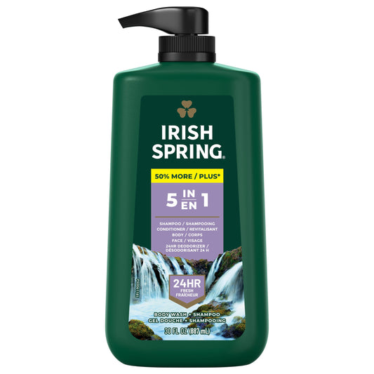 Irish Spring Original Clean Body Wash for Men 5-in-1, 887 mL Pump–Refreshing Shower Gel with Long-Lasting Freshness, Moisturizing Formula, Paraben-Free & Eco-Friendly Ingredients