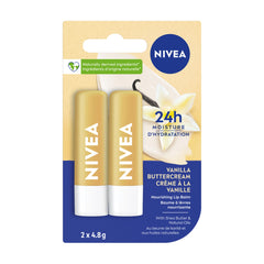 NIVEA Vanilla Buttercream Lip Balm | Made with Jojoba Oil & Shea Butter | Keeps lips moisturized for 24H | 2 x 4.8g tubes