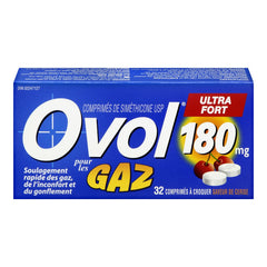Ovol Extra Strength, Cherry Flavour Chewable Tablets, Gas Pain, Pressure, and Bloating Relief, 180mg, 32 Count