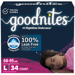Girls Bedwetting Night Time Underwear, Goodnites, L, 34 Ct, Giga Pack