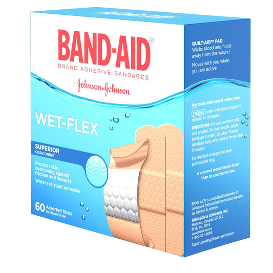 Band-Aid Water Resistant Wet-Flex Adhesive Bandages, Assorted Sizes Value Pack, Small, Regular, Large, 60 Bandages