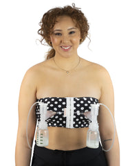 Hands Free Pumping Bra | Snugabell PumpEase adjustable and comfortable pumping bra made with spandex technical fabric, supports two breast pumping bottles & flanges | Black & White Polka Dots Size XL