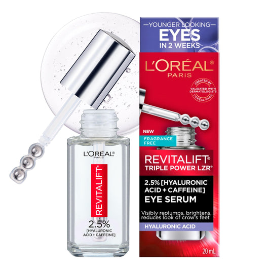 L’Oréal Paris 2.5% Hyaluronic Acid & Caffeine Plumping Eye Serum, Brightens Look of Dark Circles, Reduces Look of Crow's Feet & Wrinkles, Revitalift, For All Skin Tones & Types, Fragrance Free, 20ml
