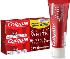 Colgate Optic White Stain Fighter Gel Toothpaste 90 mL, 2-Pack - Powerful Whitening, Enamel Safe Formula for Stain Removal & Fresh Breath - Clean Mint Flavor for Radiant Smiles