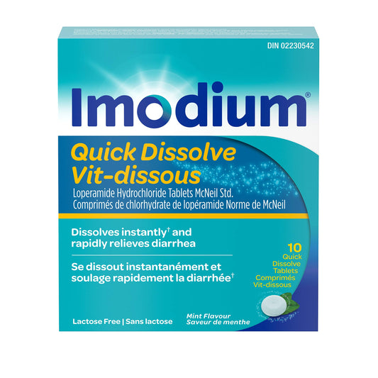 Imodium Diarrhea Relief, Quick-Dissolve Mint Flavour Tablets, Quick Dissolve Diarrhea Relief Loperamide Hydrochloride, 10 Count