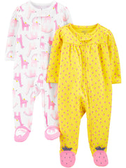Simple Joys by Carter's Girls' 2-Pack Cotton Footed Sleep and Play, Pink Llamas/strawberries, Newborn