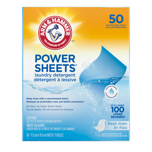 ARM & HAMMER Laundry Detergent Power Sheets - Quick Dissolve Strips - Up to 100 Loads - Convenient, Plastic Jug-Free Packaging - Fresh Linen Scent - 50 count