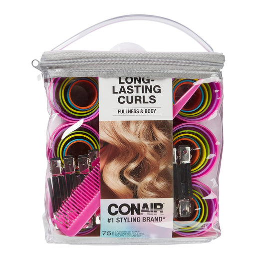 Conair Magnetic Rollers, Rollers: pink, purple, blue, orange, yellow, green; Comb: pink; Clips: silver, 75 Piece set