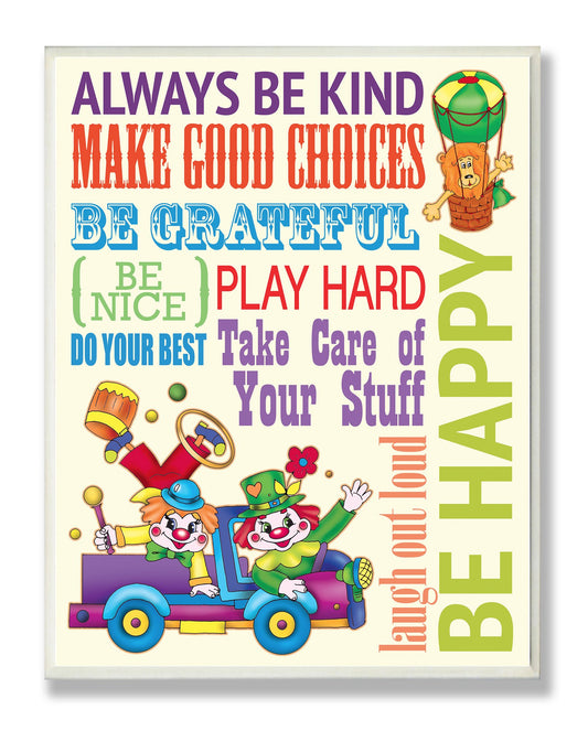 The Kids Room by Stupell Blue Be Happy Clown Typography Rectangle Wall Plaque