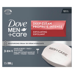 Dove Men+Care Hand & Body + Face + Exfoliation Bar Soap, Deep Clean, soap bar with ¼ moisturizing cream, 106g (Pack of 12 Bars)