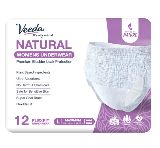 Veeda Natural Adult Incontinence Underwear for Women - Postpartum Underwear for Bladder Leakage Protection - Disposable Underwear with Maximum Absorbency - Large Size - 12 Count