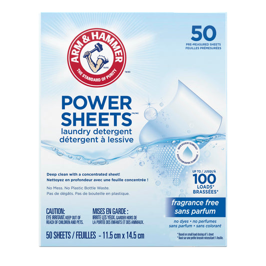 ARM & HAMMER Laundry Detergent Power Sheets - Quick Dissolve Strips - Up to 100 Loads - Convenient, Plastic Jug-Free Packaging - Fragrance Free - 50 count