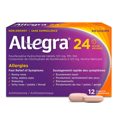 Allegra 24 Hour Allergy Medication, Non Drowsy, Fast and Effective Multi-Symptom Allergy Relief Medicine for Sneezing, Watery Eyes and Itchy Throat, Fexofenadine Hydrochloride 120 mg, 12 Tablets