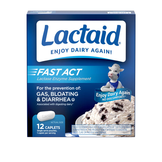 Lactaid Fast Act Lactose Intolerance Relief Caplets with Lactase Enzyme to Prevent Gas, Bloating & Diarrhea Due to Lactose Sensitivity, Ideal for Travel & On-The-Go, 12 Packs of 1-Count