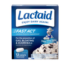 Lactaid Fast Act Lactose Intolerance Relief Caplets with Lactase Enzyme to Prevent Gas, Bloating & Diarrhea Due to Lactose Sensitivity, Ideal for Travel & On-The-Go, 12 Packs of 1-Count