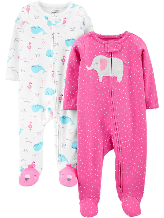 Simple Joys by Carter's Girls' 2-Pack Cotton Footed Sleep and Play, pink elephant/Whales, Preemie