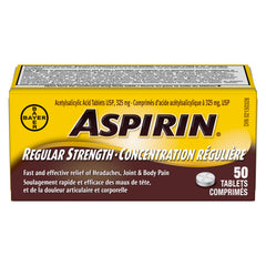 Aspirin Regular Strength, 325mg ASA, Fast and effective relief of Headaches, Joint and Body Pain, Fever, 50 Tablets