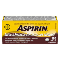 Aspirin Regular Strength, 325mg ASA, Fast and effective relief of Headaches, Joint and Body Pain, Fever, 100 Tablets