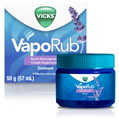 Vicks VapoRub Nasal Decongestant, Cough Suppressant, Relief from Cold, Aches, & Pains, Chest Rub Ointment, Lavender scent, 50 g/57 mL