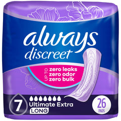 Always Discreet Adult Incontinence Pads for Women, Ultimate Extra Absorbency, Long Length, Postpartum Pads, Up to 100% Bladder Leak ProteCountion, 26 Count