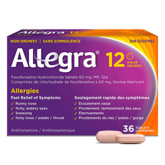 Allegra 12 Hour Allergy Medication, Non Drowsy, Fast, Multi-Symptom Allergy Relief Medicine for Sneezing, Runny Nose, Itchy/Watery Eyes, Throat or Palate, Fexofenadine Hydrochloride 60 mg, 36 Tablets