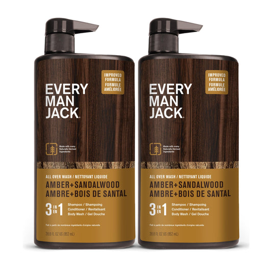 Every Man Jack Amber + Sandalwood Mens 3-in-1 All Over Wash for All Skin and Hair Types - Cleanse, Nourish, and Protect Skin and Hair with Naturally Derived Soy Proteins, Aloe, Glycerin - 2 Bottles