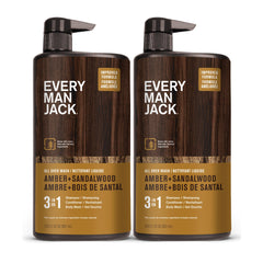 Every Man Jack Amber + Sandalwood Mens 3-in-1 All Over Wash for All Skin and Hair Types - Cleanse, Nourish, and Protect Skin and Hair with Naturally Derived Soy Proteins, Aloe, Glycerin - 2 Bottles